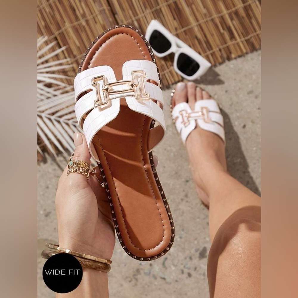 Shein Wide Fit H-Shaped Open Toe White Slip On Sandals With Gold Embellishments